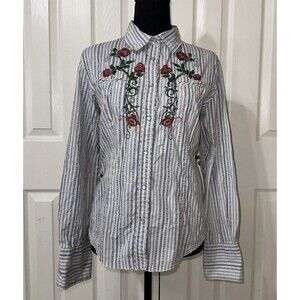 Y2KCountry Royalty Striped Pearl Snap Western Floral Bling Rodeo Cowgirl Shirt L